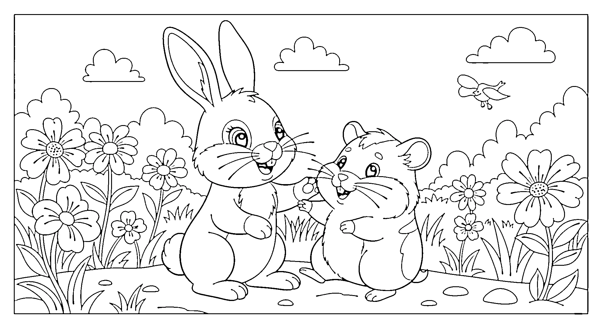 kelinci dan hamster bermain di taman bunga